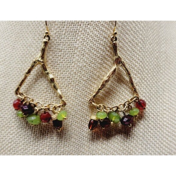 Vintage Brown and Green Faceted Glass Beaded Gold tone Dangly Earrings - Picture 1 of 3